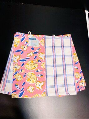 LOT of 4 Kitchen Tea Dish Towels Floral & Plaid Set FUN Pink Blue Tan NEW NWT